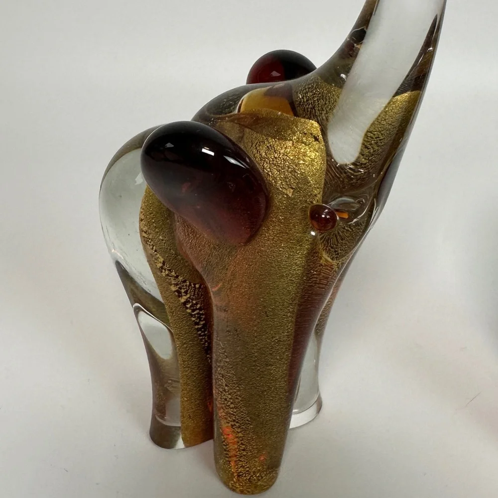 SIGNED Pair‎ of Vittorino Zane Murano Glass Elephants Gold Flecks Mama & Baby